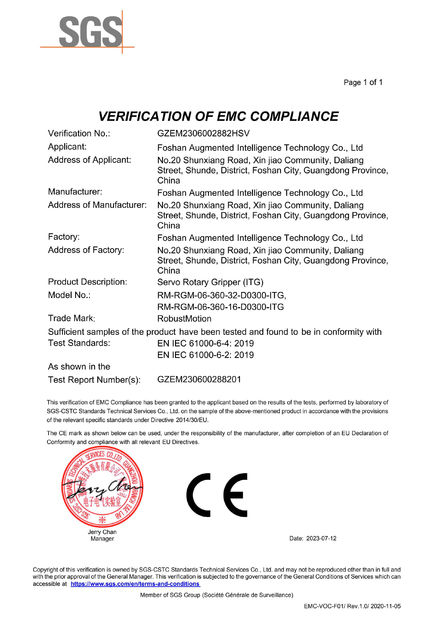 Κίνα Foshan Augmented Intelligence Technology Co., Ltd Πιστοποιήσεις